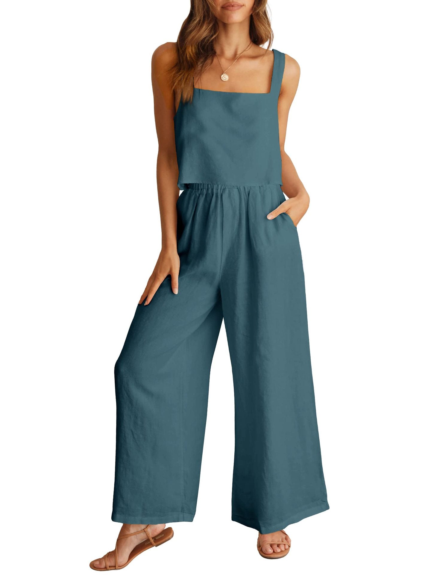 Sleeveless Wide Leg Pants Suit