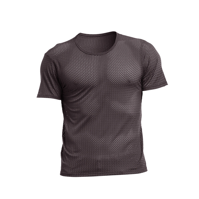 Men's T-shirt Mesh Ice Silk V-neck Solid Color Bottoming Shirt