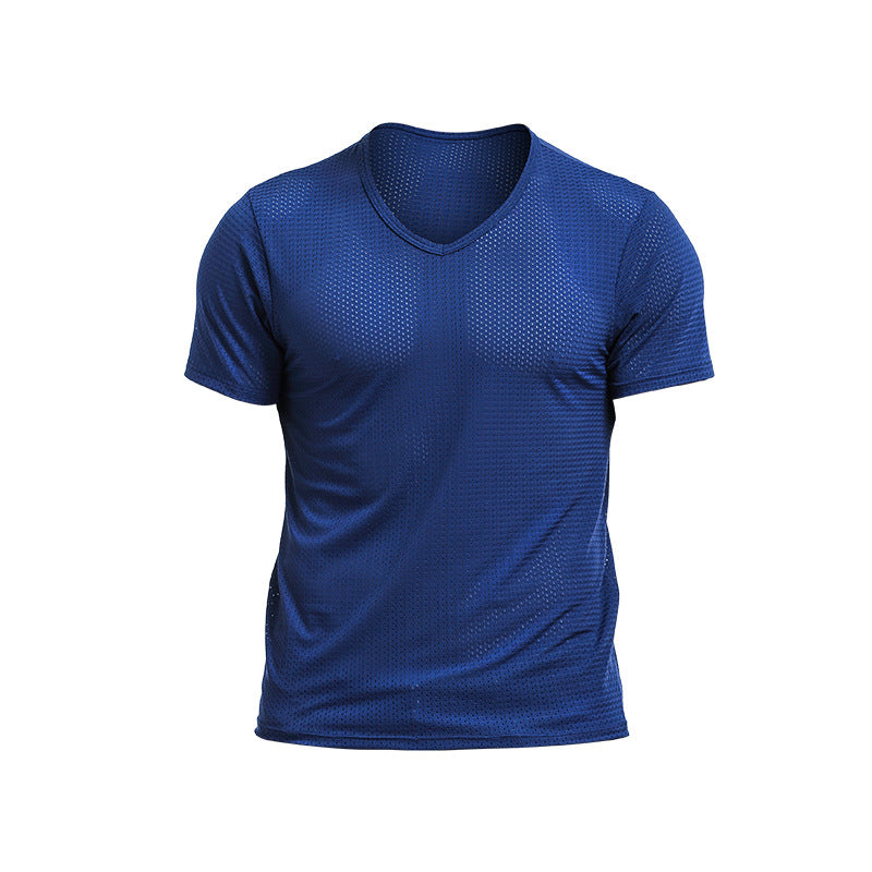Men's T-shirt Mesh Ice Silk V-neck Solid Color Bottoming Shirt