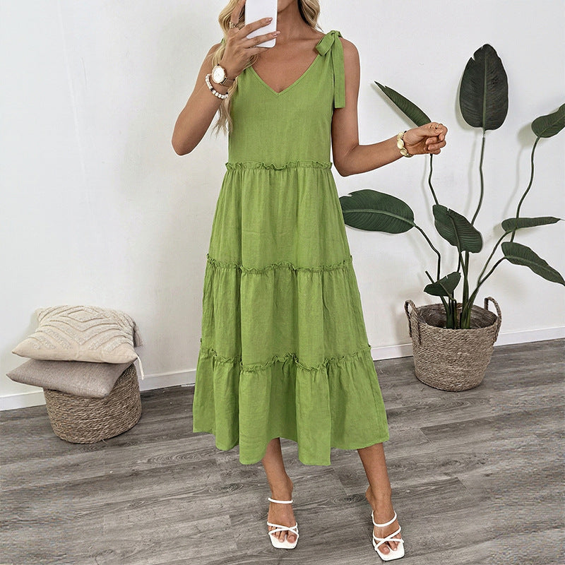 Resort-style Slip Dress With Tie Details In Solid-color Cotton And Linen