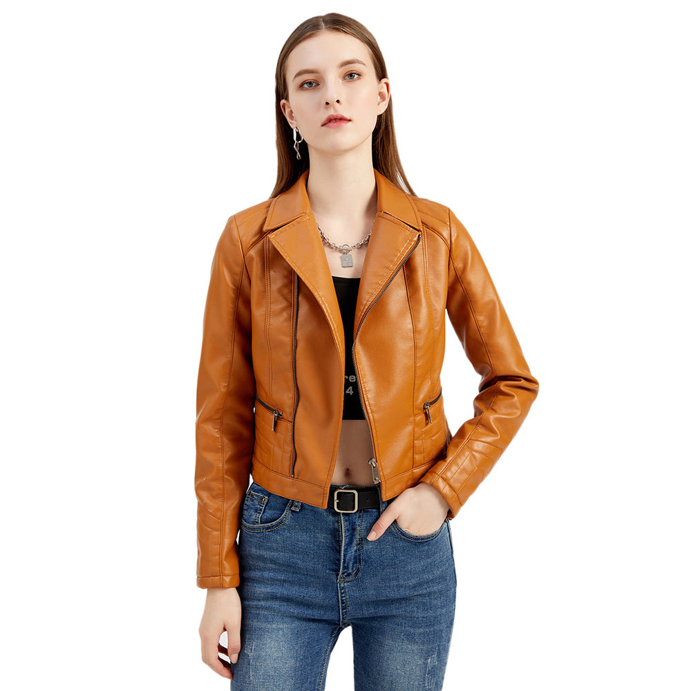 Womens Fashion Lapel Leather Jacket