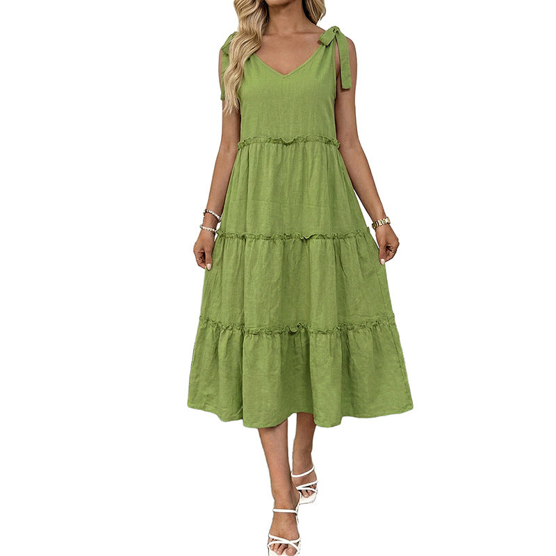 Resort-style Slip Dress With Tie Details In Solid-color Cotton And Linen