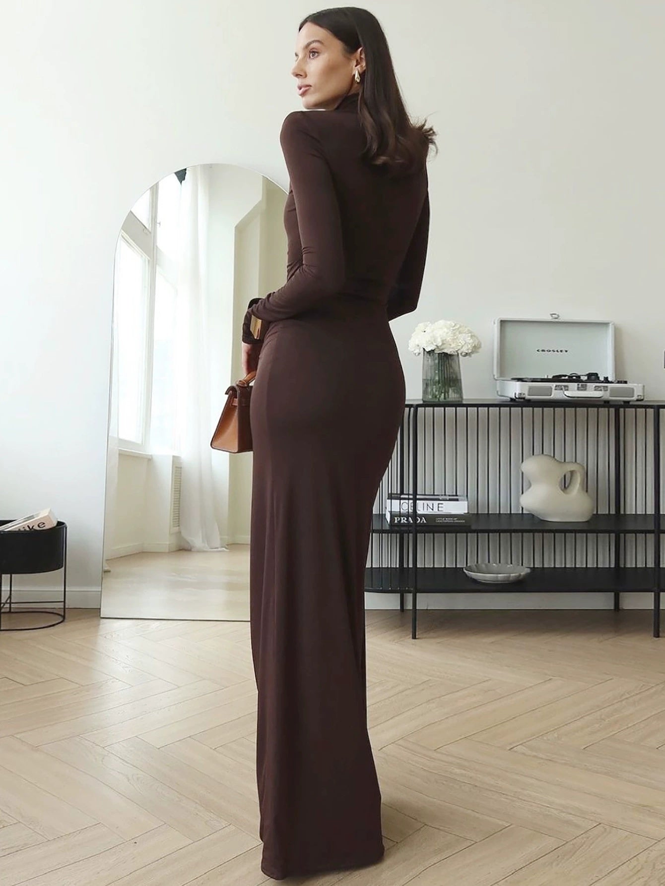 Sexy Slit Bodycon Long Dress, Hot Girl Turtleneck Fitted Dress