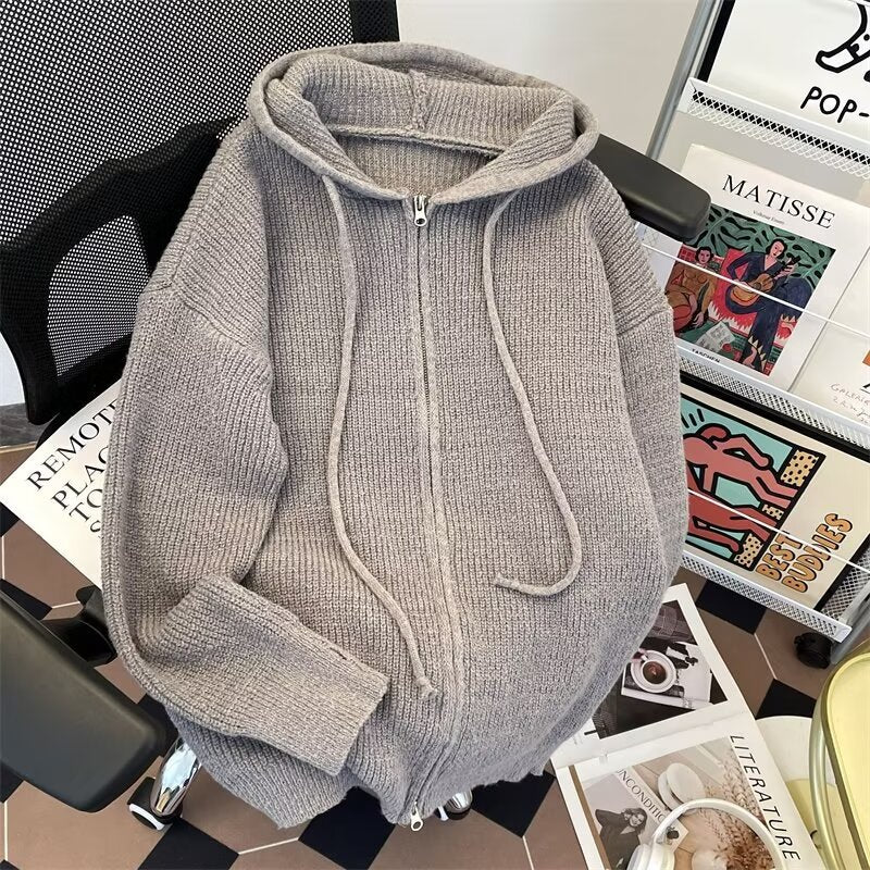 American Retro Simple Solid Color Hooded Sweater Women's Loose