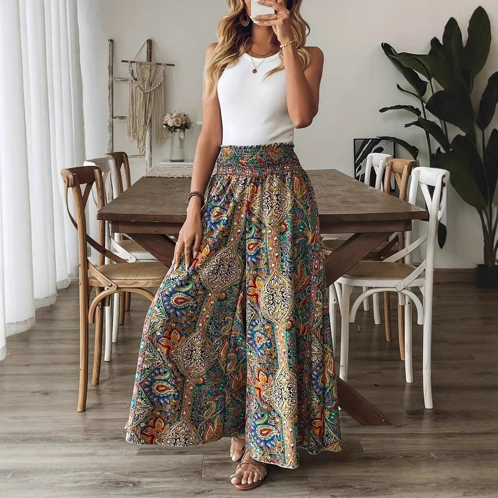 New Summer Printed High-Waisted Bohemian Wide-Leg Culottes In A Vacation Style