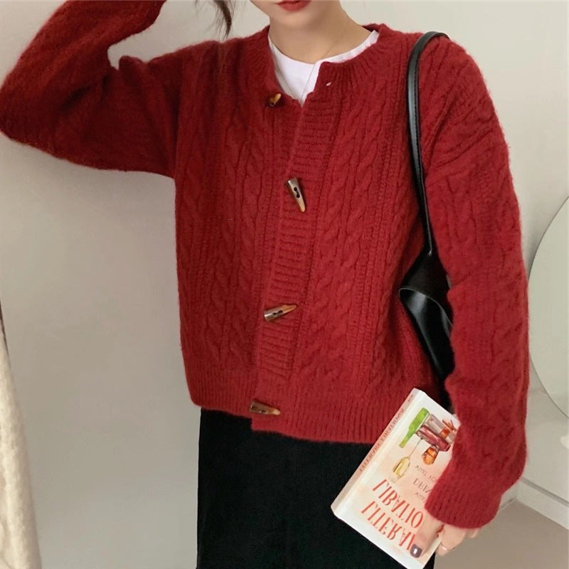 Womens Japanese-style Bell-shaped Button Short Ribbed Knit Sweater