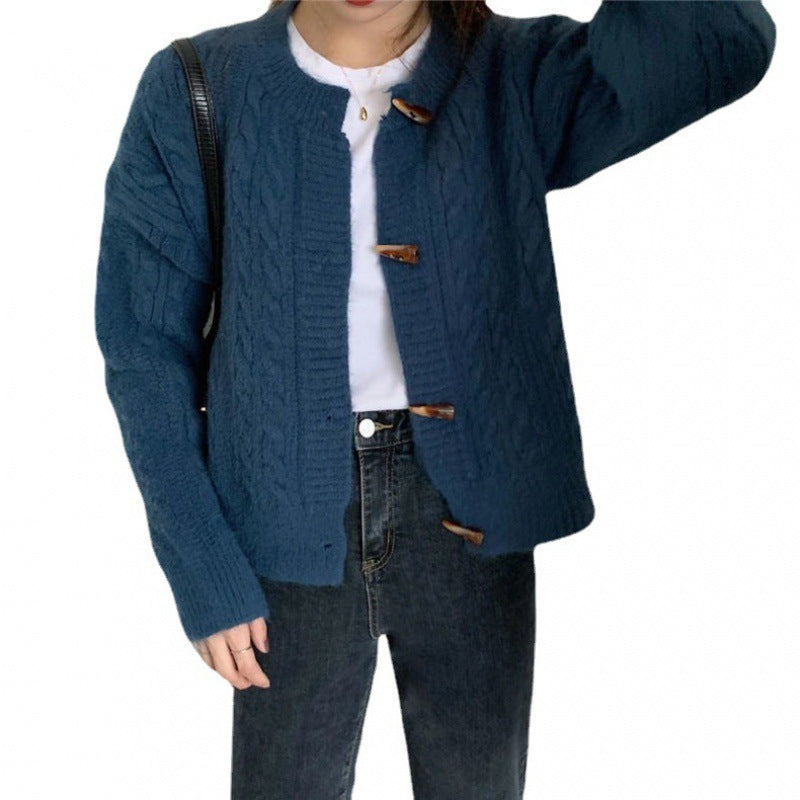 Womens Japanese-style Bell-shaped Button Short Ribbed Knit Sweater