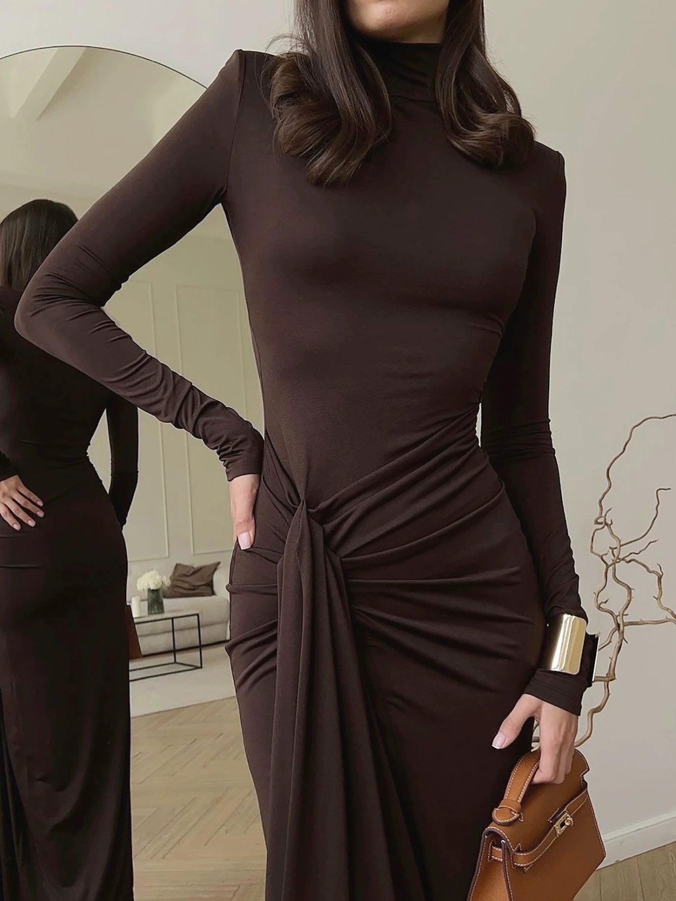 Sexy Slit Bodycon Long Dress, Hot Girl Turtleneck Fitted Dress
