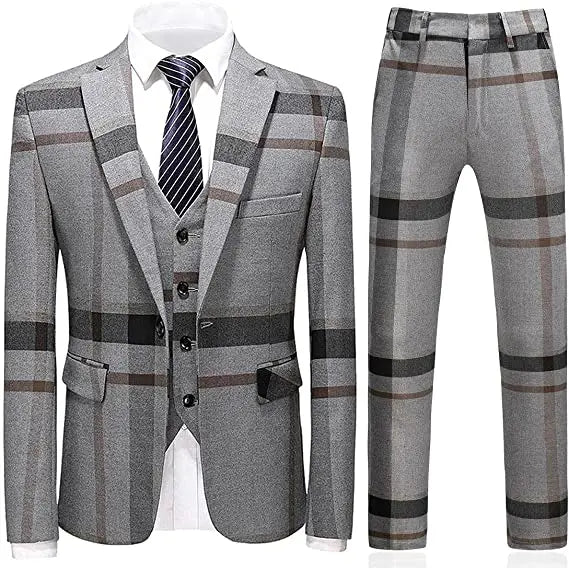Mens Suits 3 Piece Check Plaid
