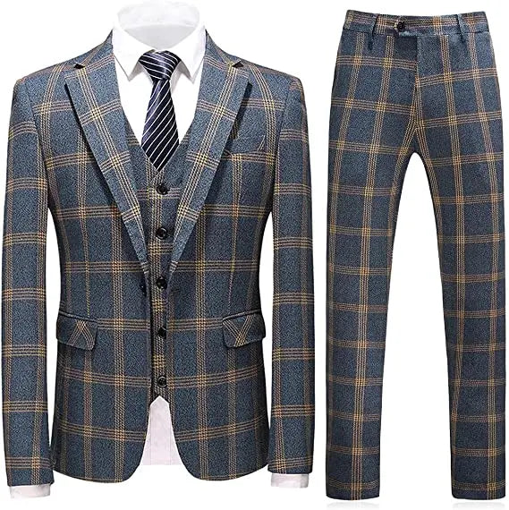 Mens Suits 3 Piece Check Plaid