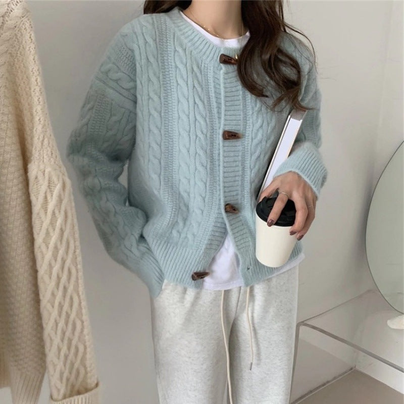 Womens Japanese-style Bell-shaped Button Short Ribbed Knit Sweater
