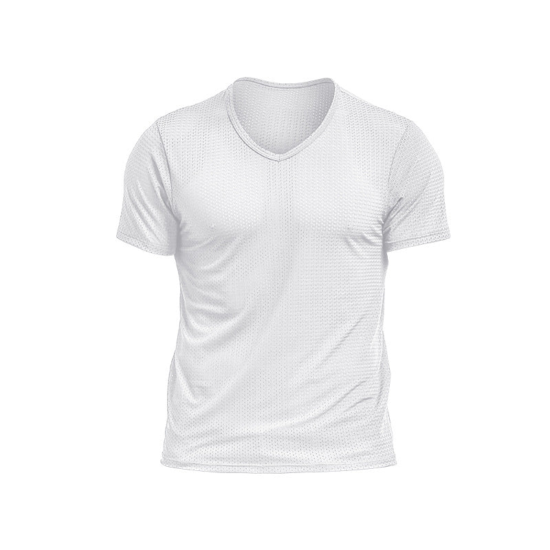 Men's T-shirt Mesh Ice Silk V-neck Solid Color Bottoming Shirt