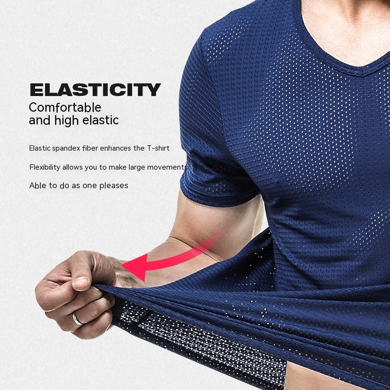 Men's T-shirt Mesh Ice Silk V-neck Solid Color Bottoming Shirt