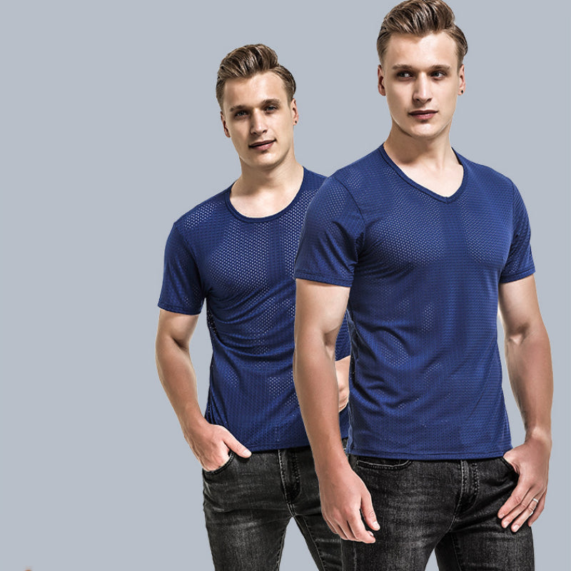 Men's T-shirt Mesh Ice Silk V-neck Solid Color Bottoming Shirt