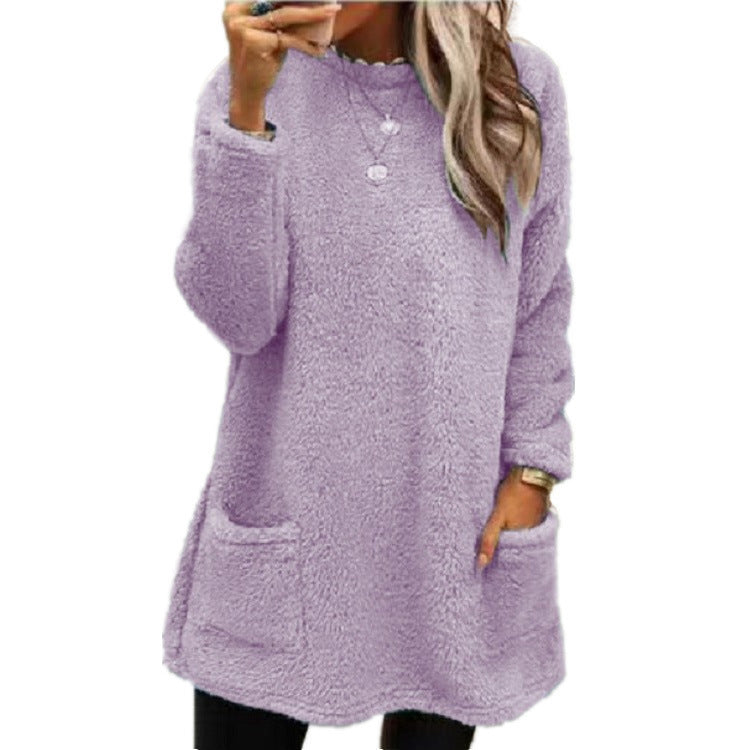 Women's Fleece Pullover Long Sweater With Pockets Winter Warm Thinken Sweatershirt Casual Long Sleeve Plush Tops Hoodie Coat Streetwear Fall Loose Outfits Hoodie Tops