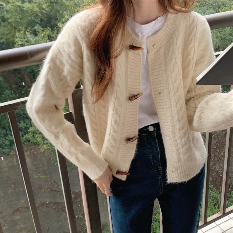 Womens Japanese-style Bell-shaped Button Short Ribbed Knit Sweater