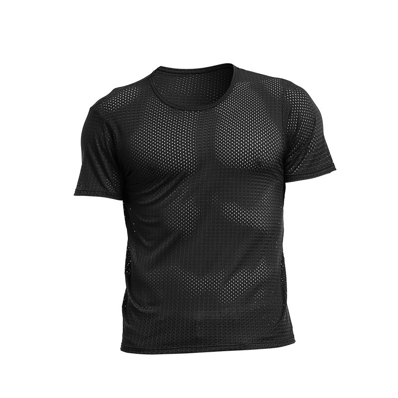 Men's T-shirt Mesh Ice Silk V-neck Solid Color Bottoming Shirt