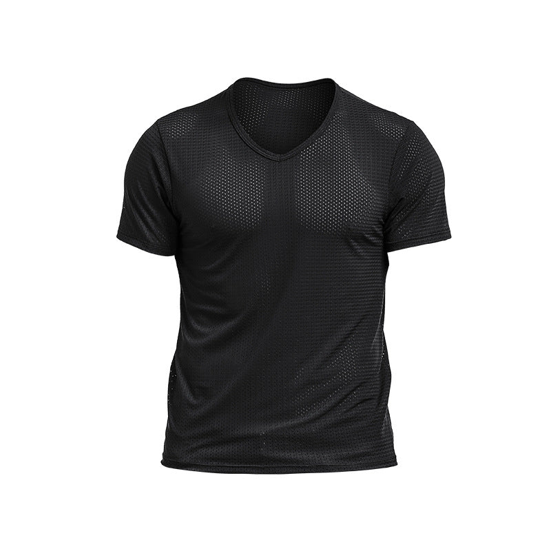 Men's T-shirt Mesh Ice Silk V-neck Solid Color Bottoming Shirt